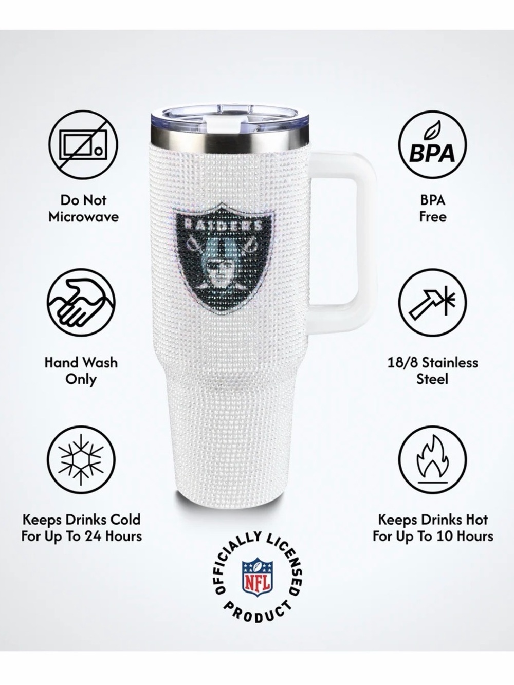 Las Vegas Raiders Rhinestone Tumbler Mug Handle 40 oz The Memory Company NWT - Picture 10 of 13